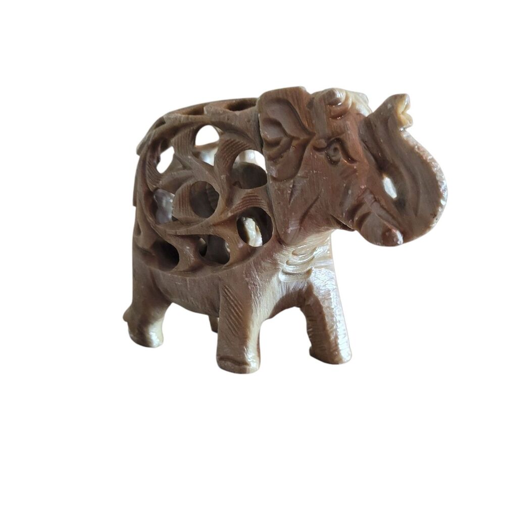 Carved Soapstone Open Elephant Figurine Baby Inside Raised Trunk Good Luck India
